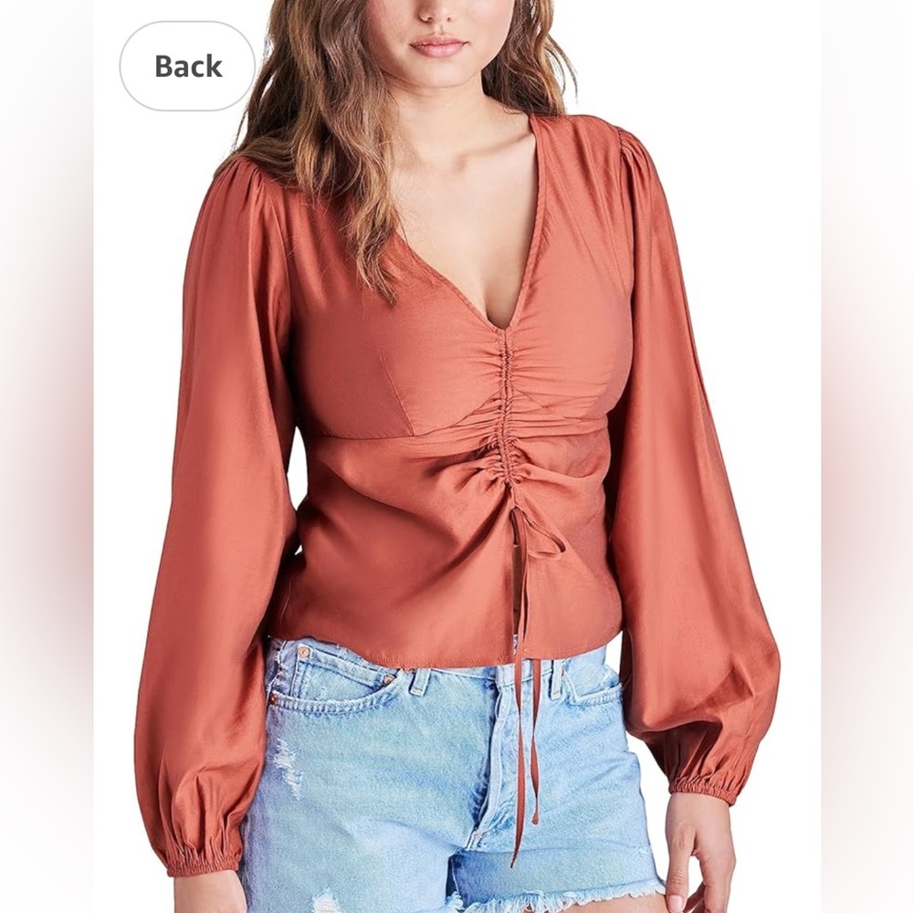 Steve Madden Felicity Terracotta V Neck Tie Slit Center Blouse. Sz Small. NWT - Picture 2 of 7